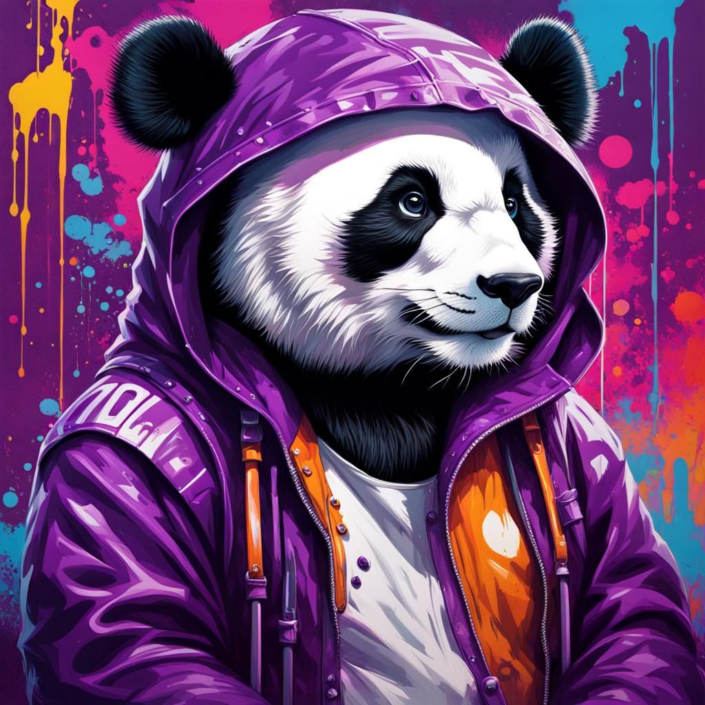 Panda in Purple Suit Graffiti Art