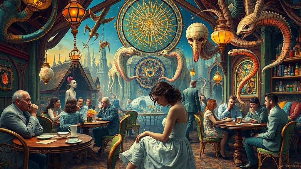 Surreal Cafe Scene Across Time Periods