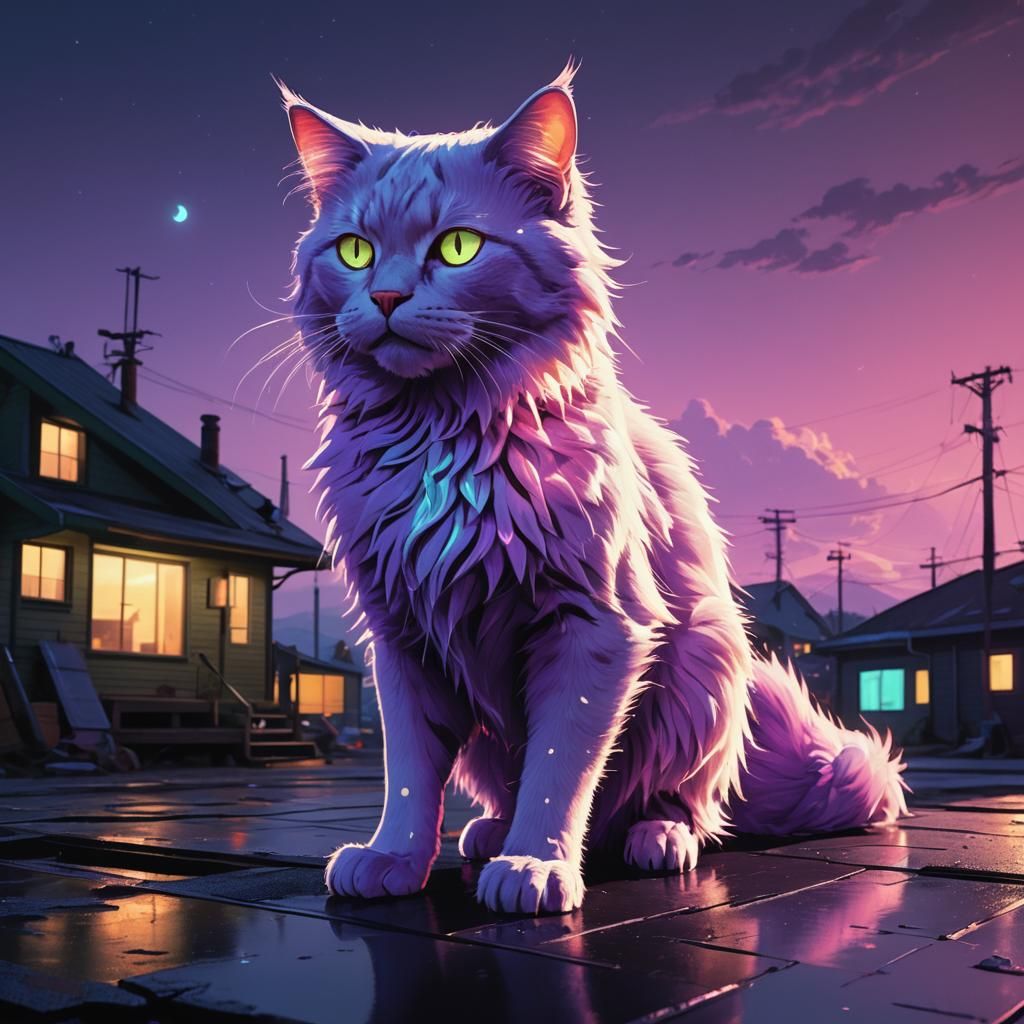 Luminescent Spirit Cat on Roof in Neon Fantasy Art