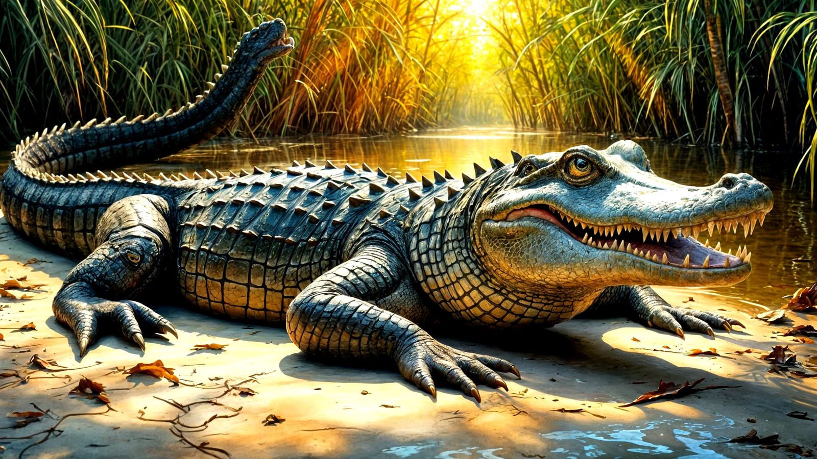 An American alligator is seen laying on the sand bank of a L...