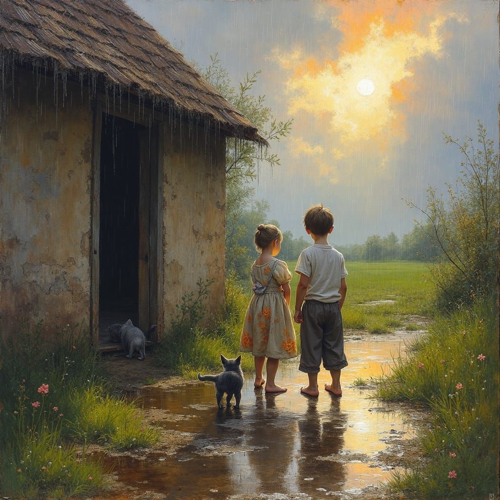 Children Gaze at Rainbow: Neo-Impressionist Oil Painting