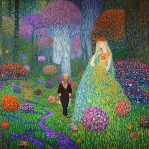 Sunset-Hybrid Woman in Magical Forest, Art Nouveau Style