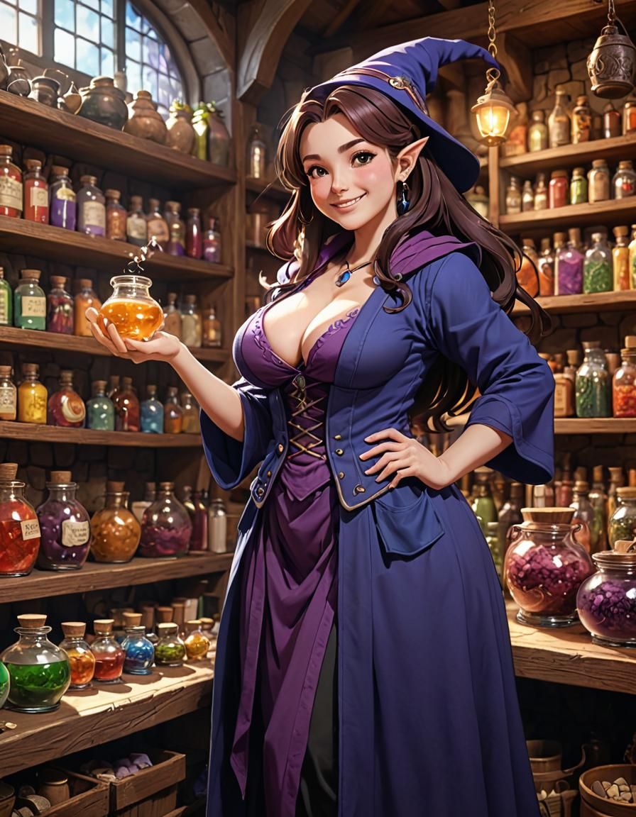 Curvy Sorceress in Magic Shop, Cel-Shaded Anime Style