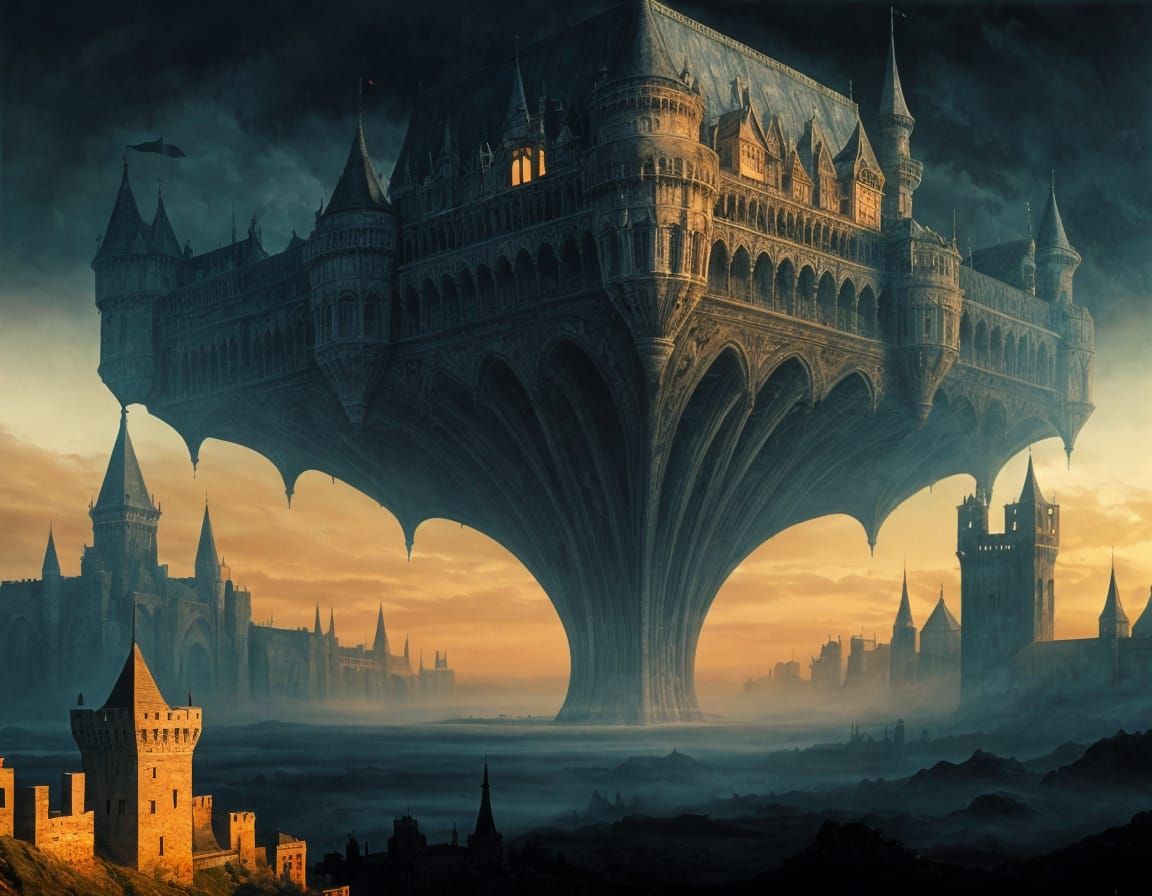 Twisted Castle Landscape in Dark Surrealism Style