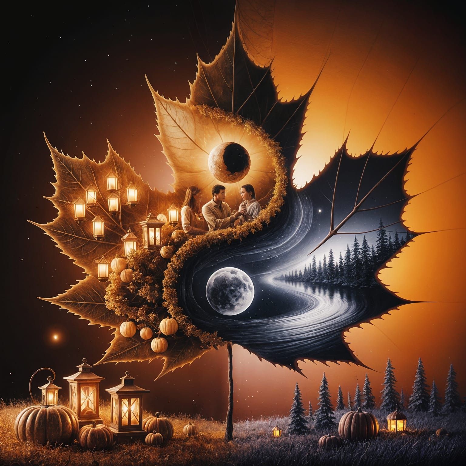 Yin-Yang Maple Leaf: Autumn and Twilight Harmony