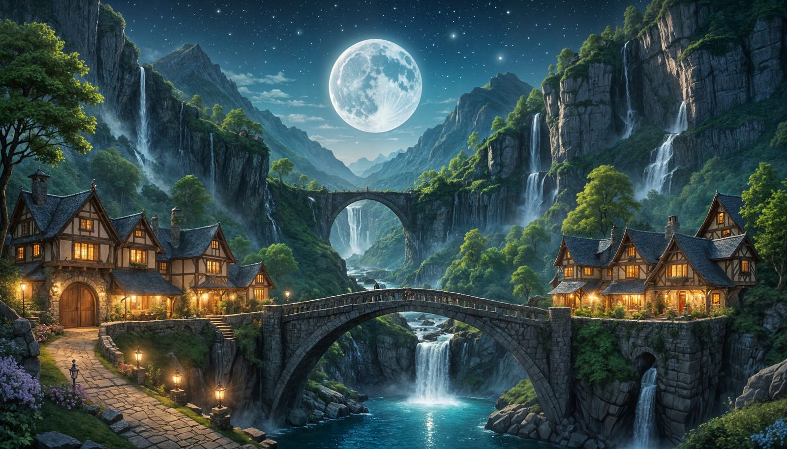 Enchanted Moonlit Bridge Amidst Towering Mountains