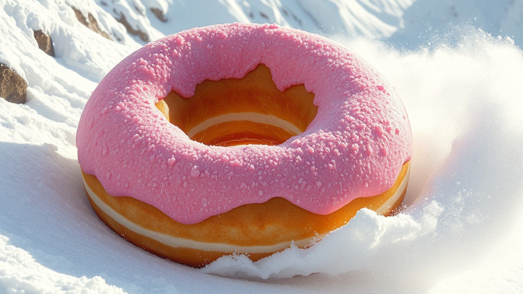 Giant Pink Donut Slides Down Snowy Mountain