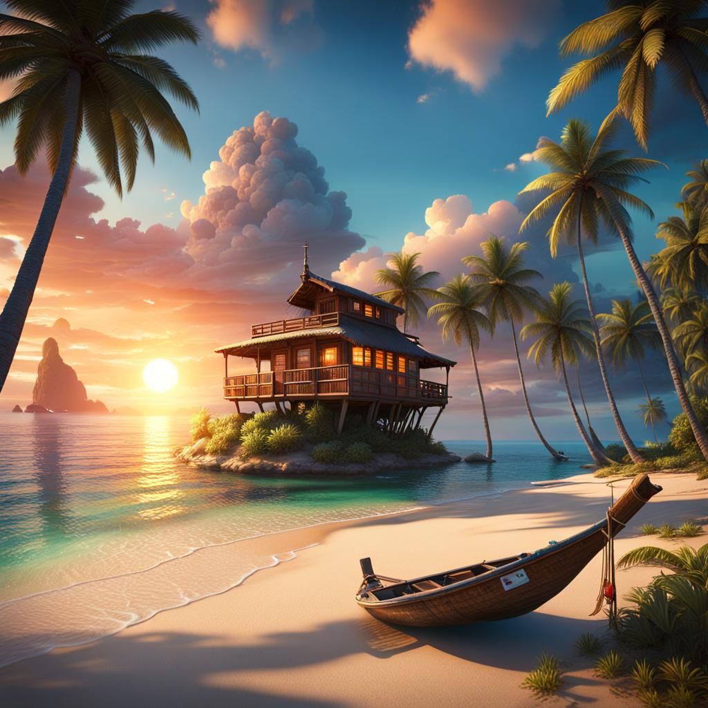 Tropical Beach Yacht at Sunset: Fantasy Concept Art
