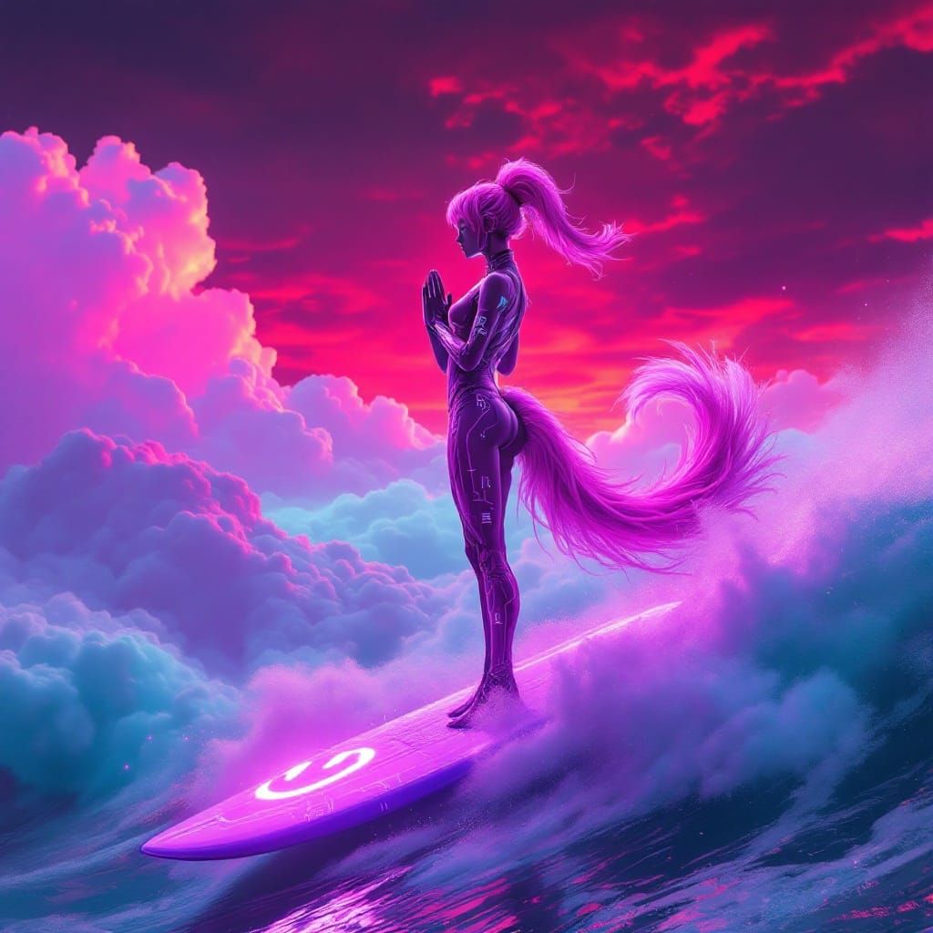 Cyberpunk Goddess Surfs on Vibrant Clouds