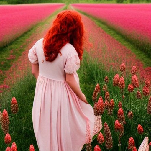 Redhead Maiden in Pink Dress in Flower Field