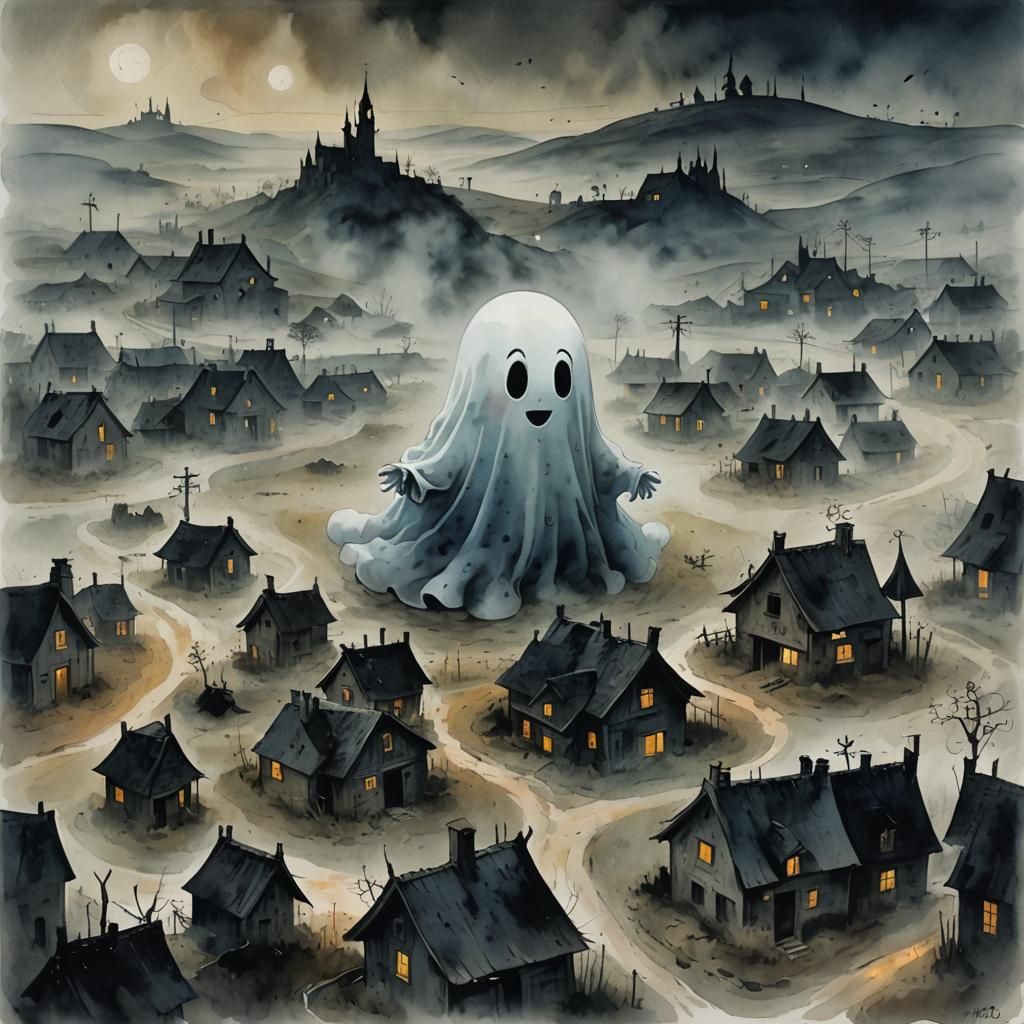 Cute Ghost in Foggy Village, Cartoon Style