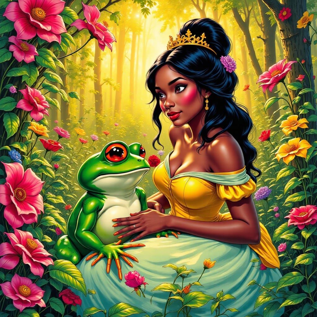 Tiana and the Frog in Pop Art Style