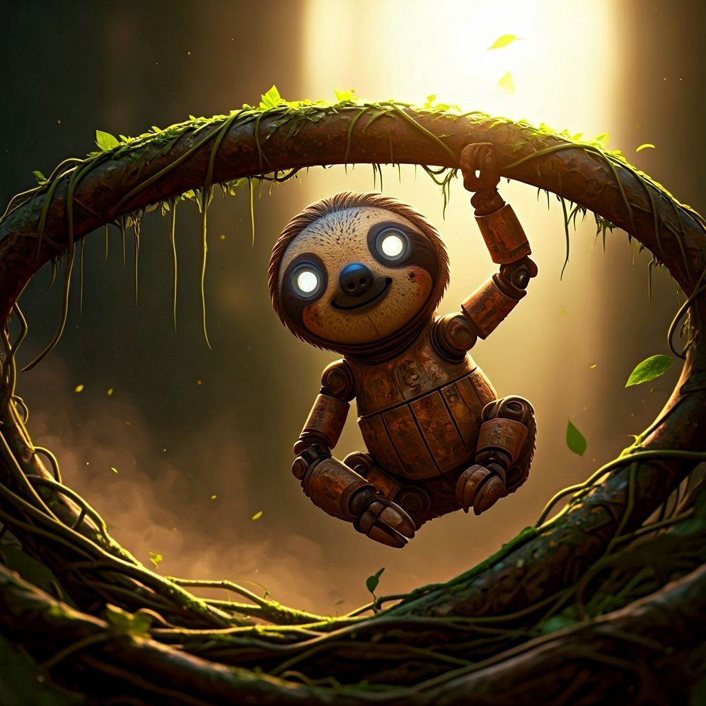 Rusty Robot Sloth in Post-Apocalyptic Nature, Pixar Style