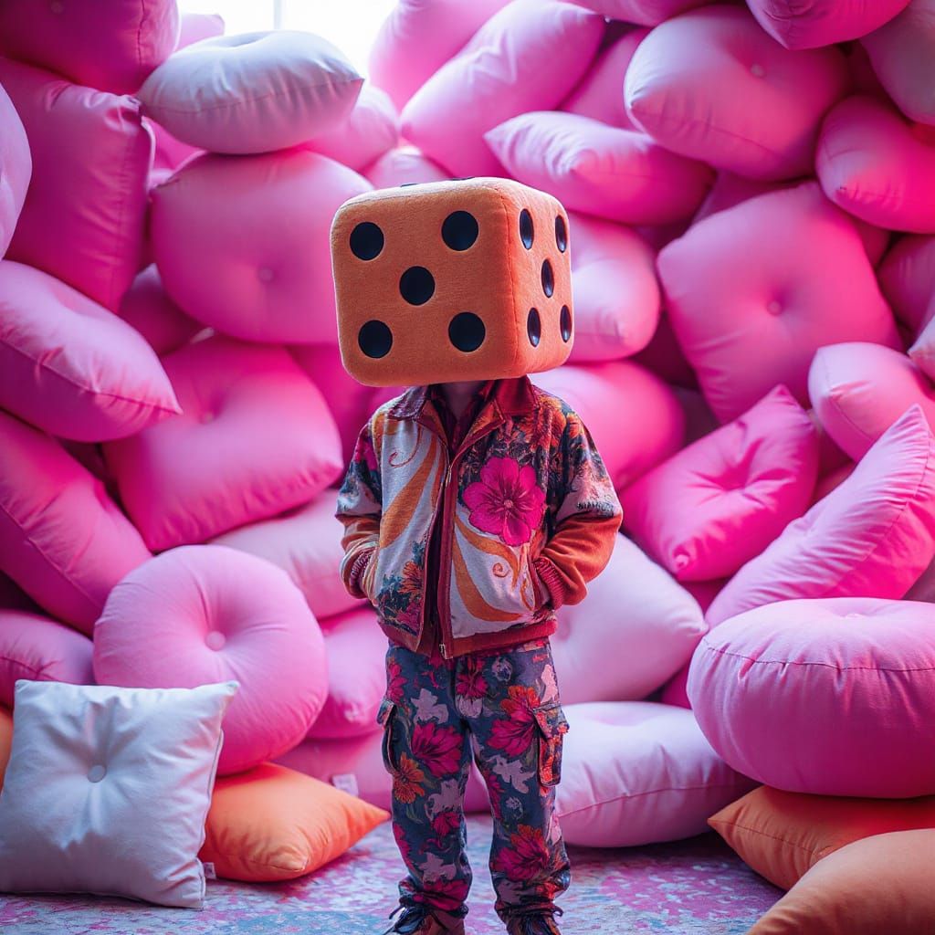 Plush Dice Head Man in Surreal Cushion Landscape
