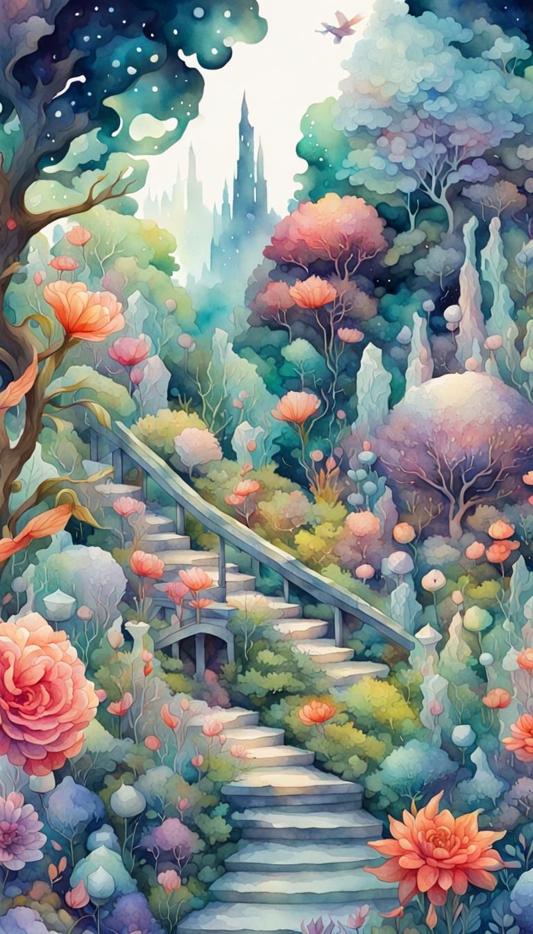 Fantastical Garden: Hyperdetailed Watercolor Digital Illustr...