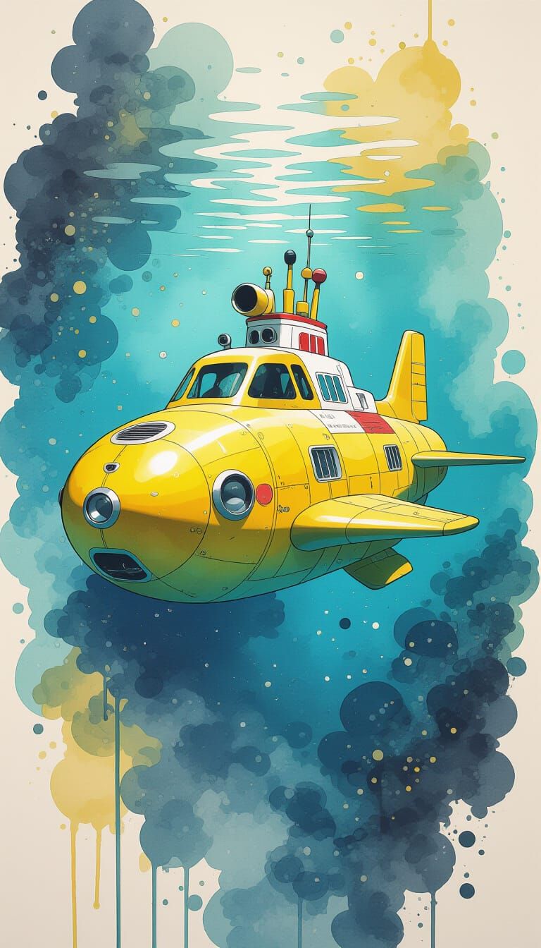 Yellow Submarine in Watercolor and Ink Style