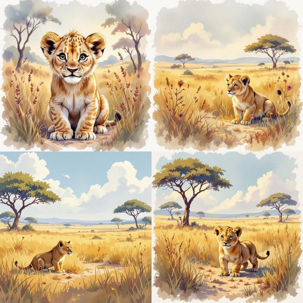 Bucolic Savannah with Lion Cub in Watercolor Style