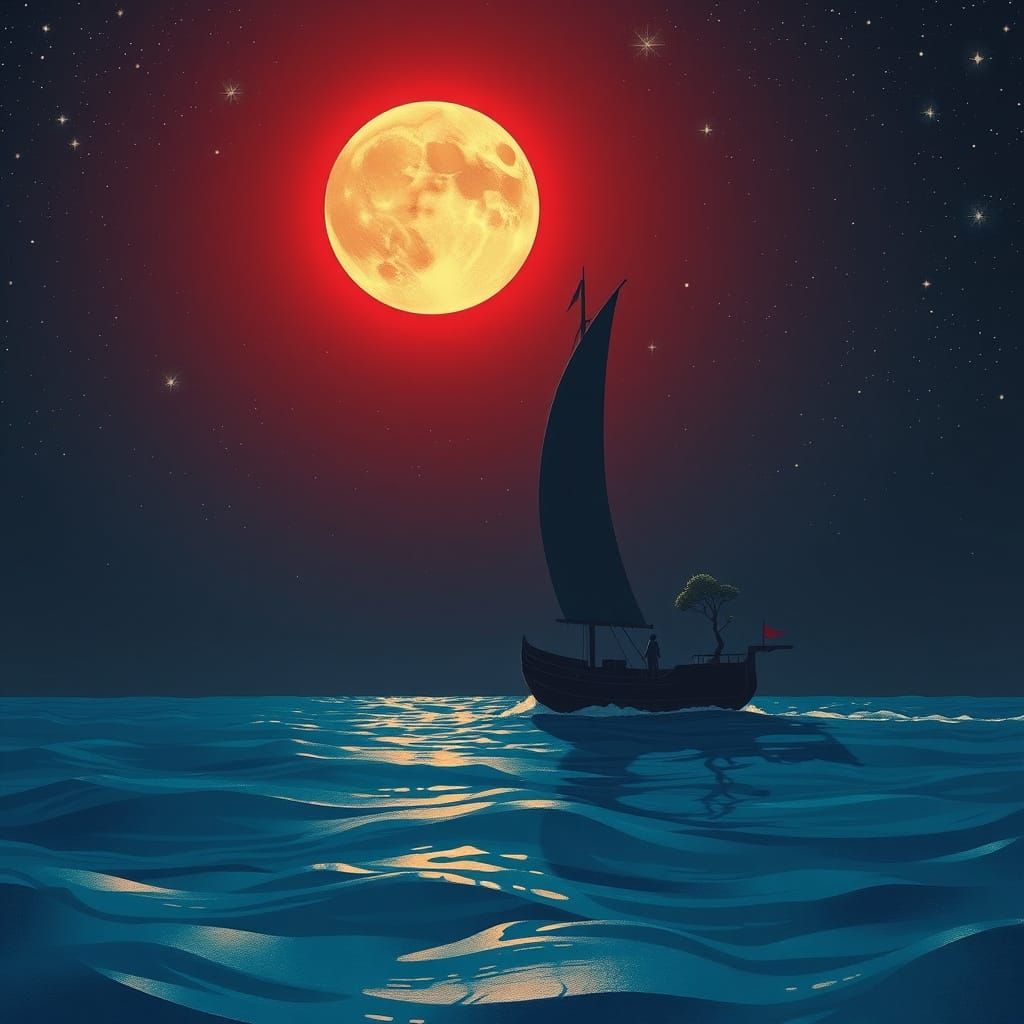 Lonely Ship Sailing Under Bloody Moon in Whimsical Style
