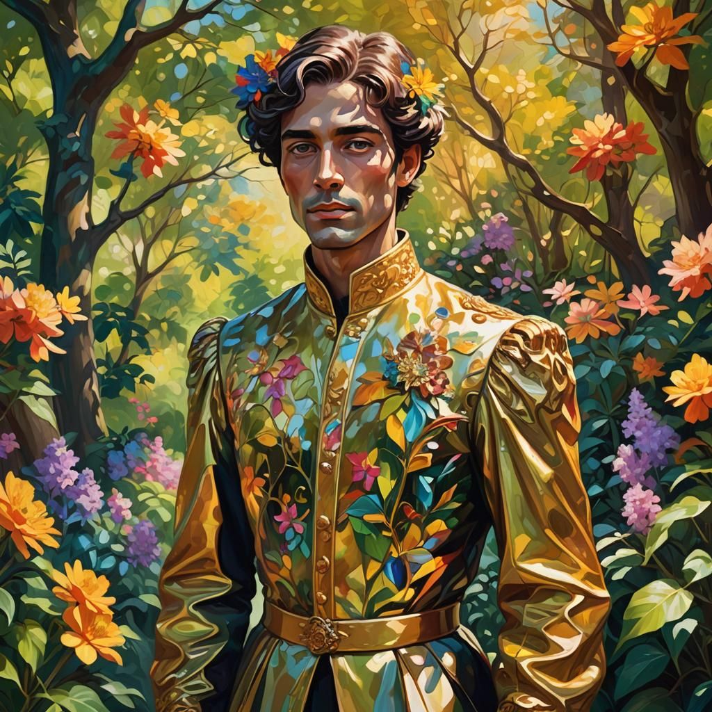 Expressionist Portrait: Regal Figure in Vibrant Garden