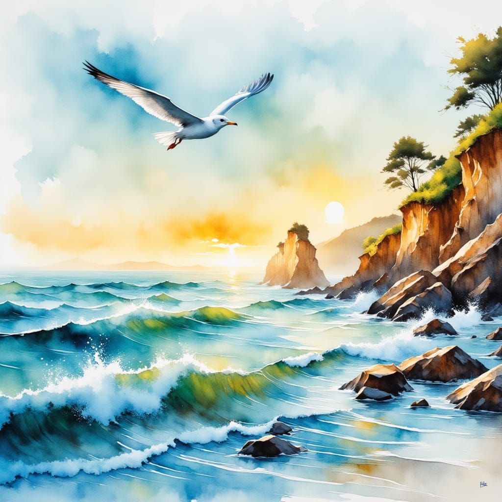 Seagull Soars Over Golden Hour Cliffs