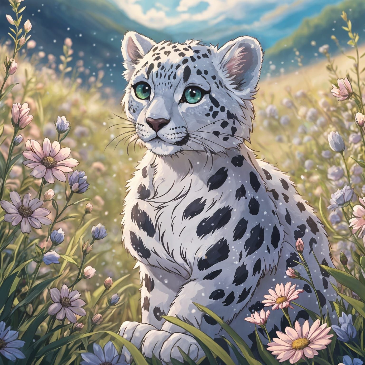 Anime Snow Leopard Cub in Wildflower Field