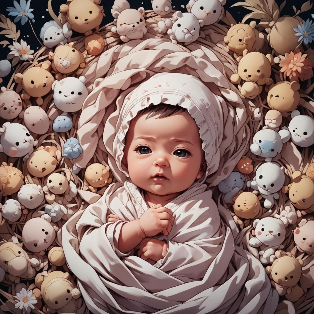 Cute Newborn Baby in Anime Cel-Shaded Style