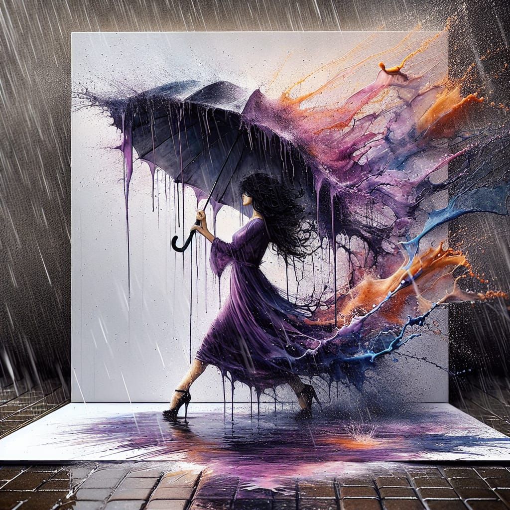 Abstract Watercolor of Girl in Rain with Umbrella