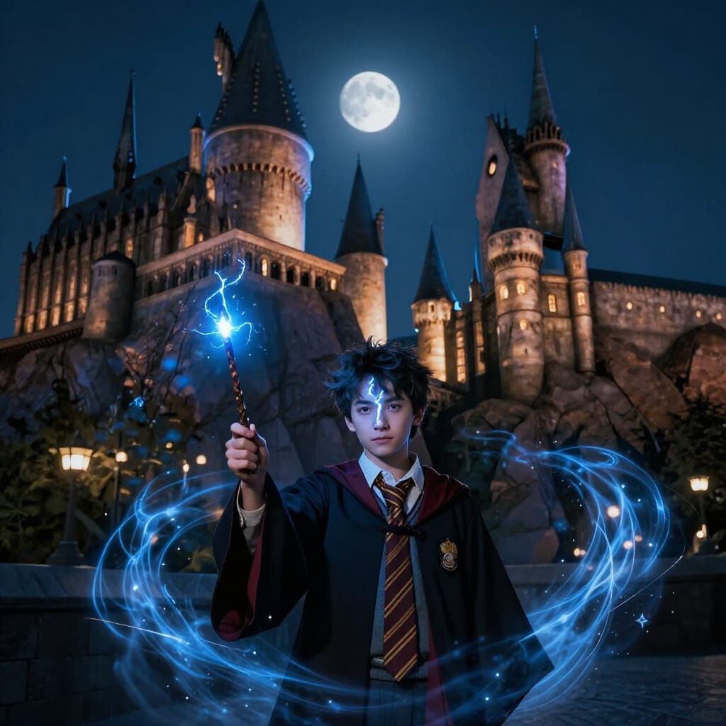 Wizard with Lightning Scar at Hogwarts Castle