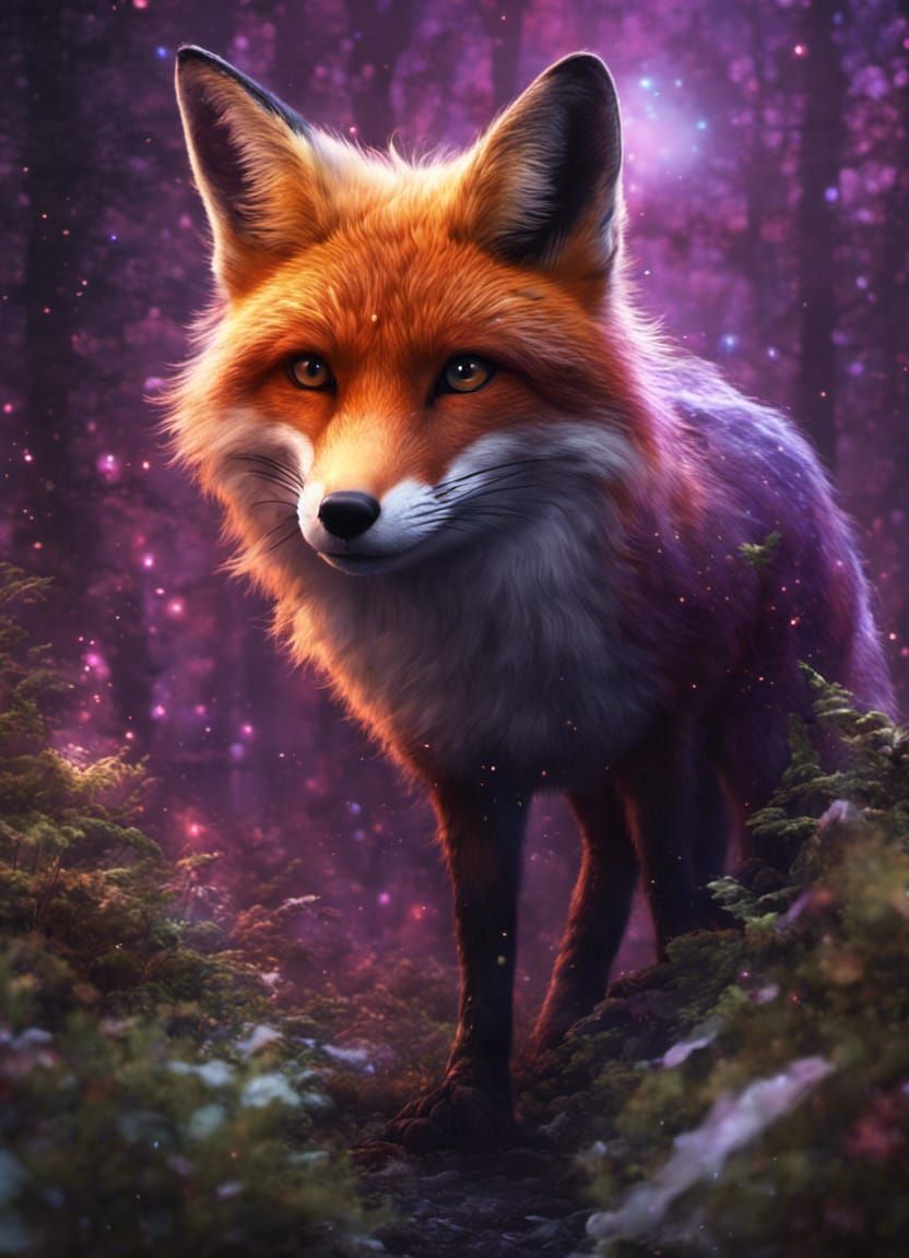 Fox in Fantasy Glade with Galaxy, Hyperdetailed Art