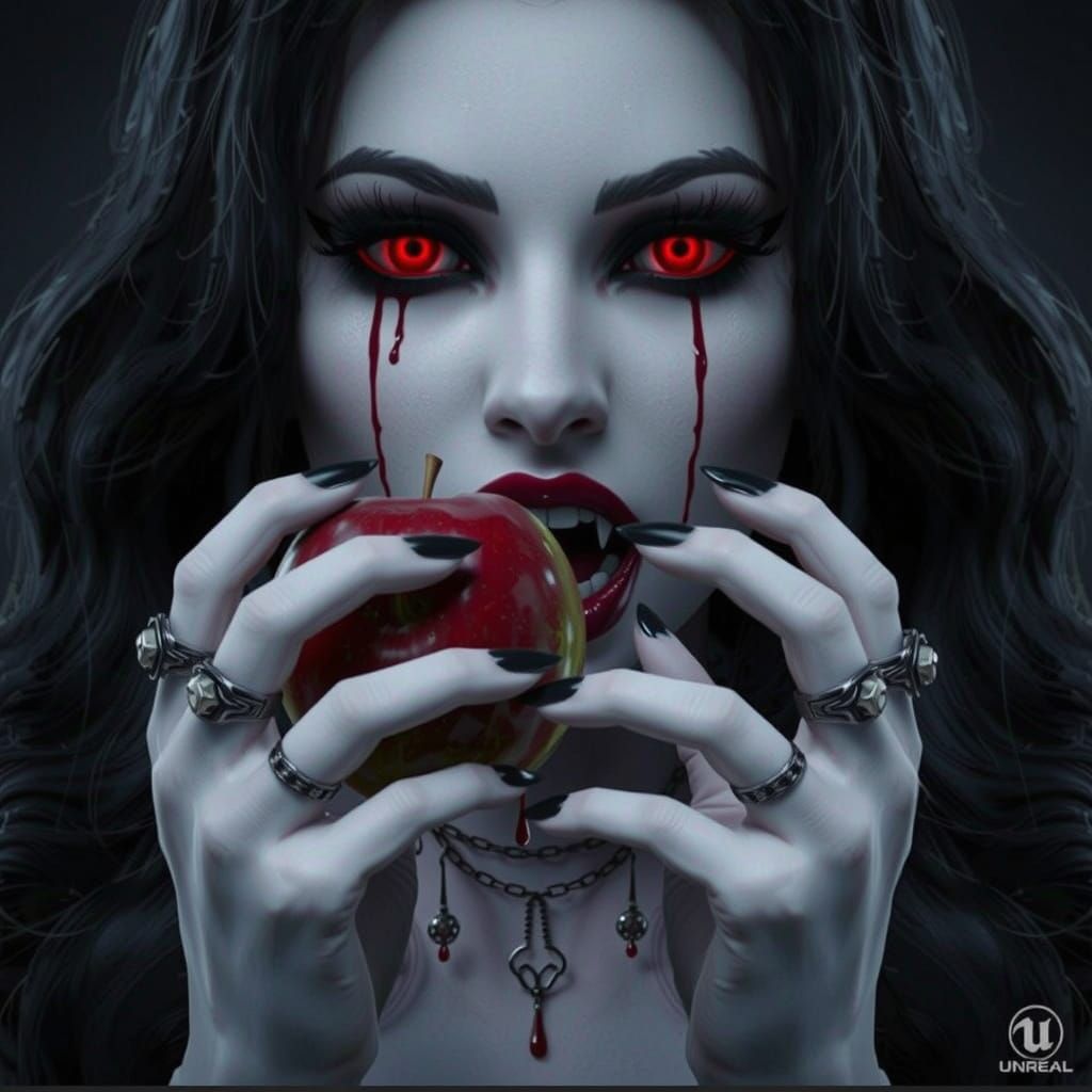 Vampire Woman Bites Apple in Unreal Engine Style