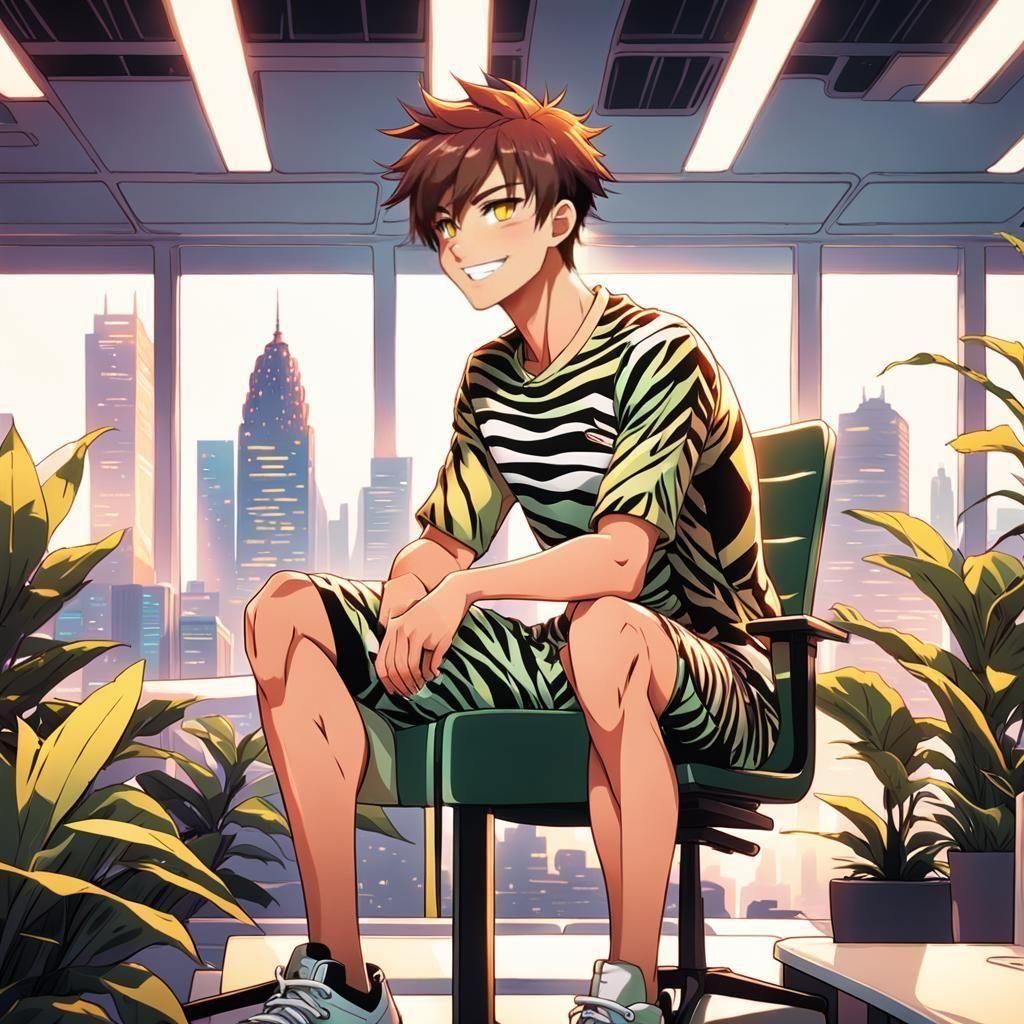 Anime Boy in Zebra Office with Futuristic City