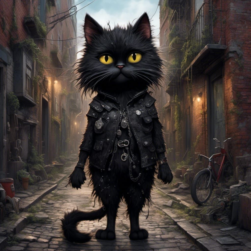 Anthropomorphic Black Cat Portrait in Grimy Alley
