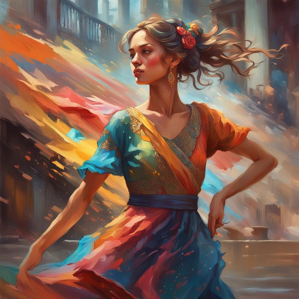 Dancing Girl in Colorful Dress: An Oil Painting