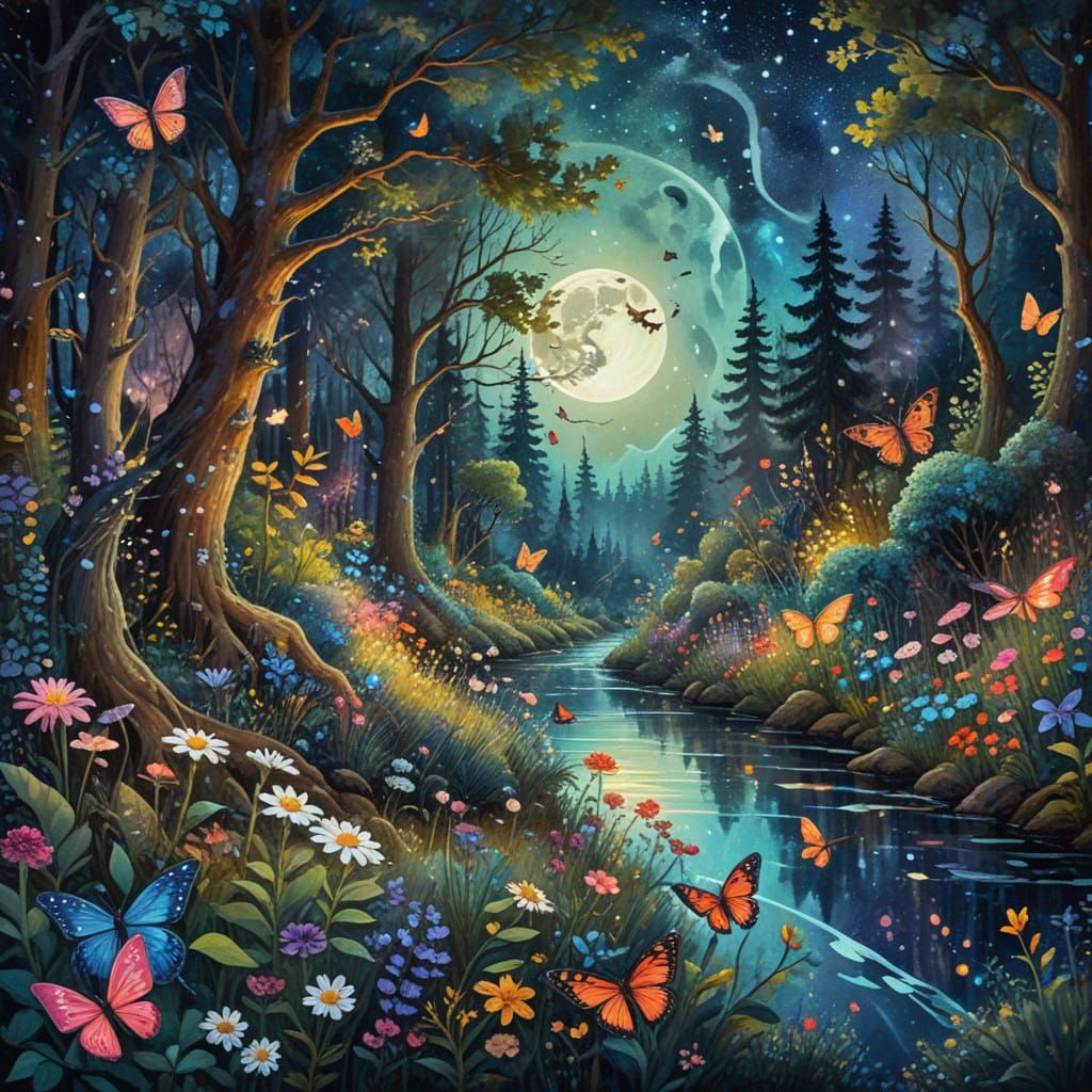 Whimsical Gouache Forest Under Full Moon