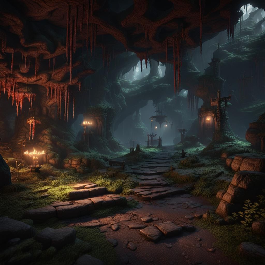 Dark Fantasy Forest Cave Scene in 3D