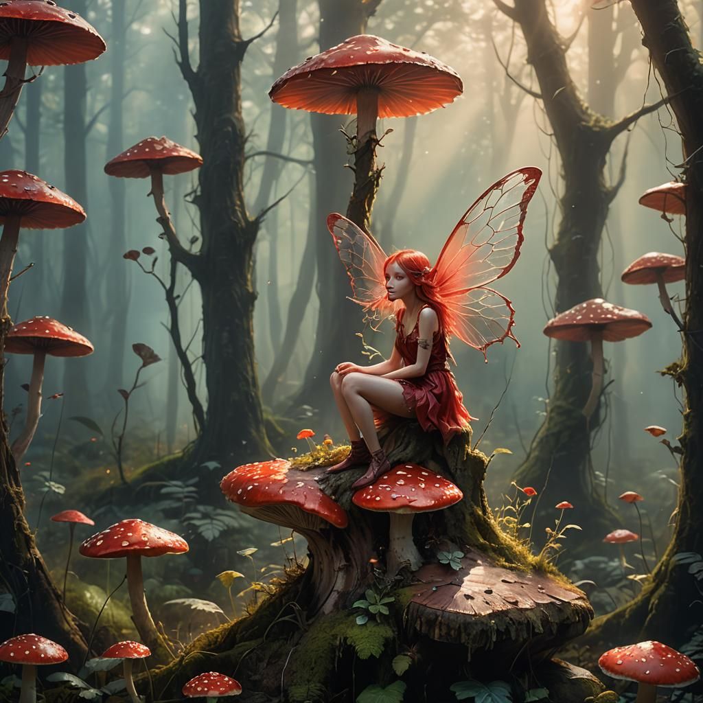 Red Fairy on Toadstool in Misty Forest