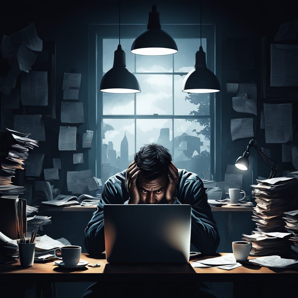 Frustrated Professional at Cluttered Desk in Dark Fantasy Ar...