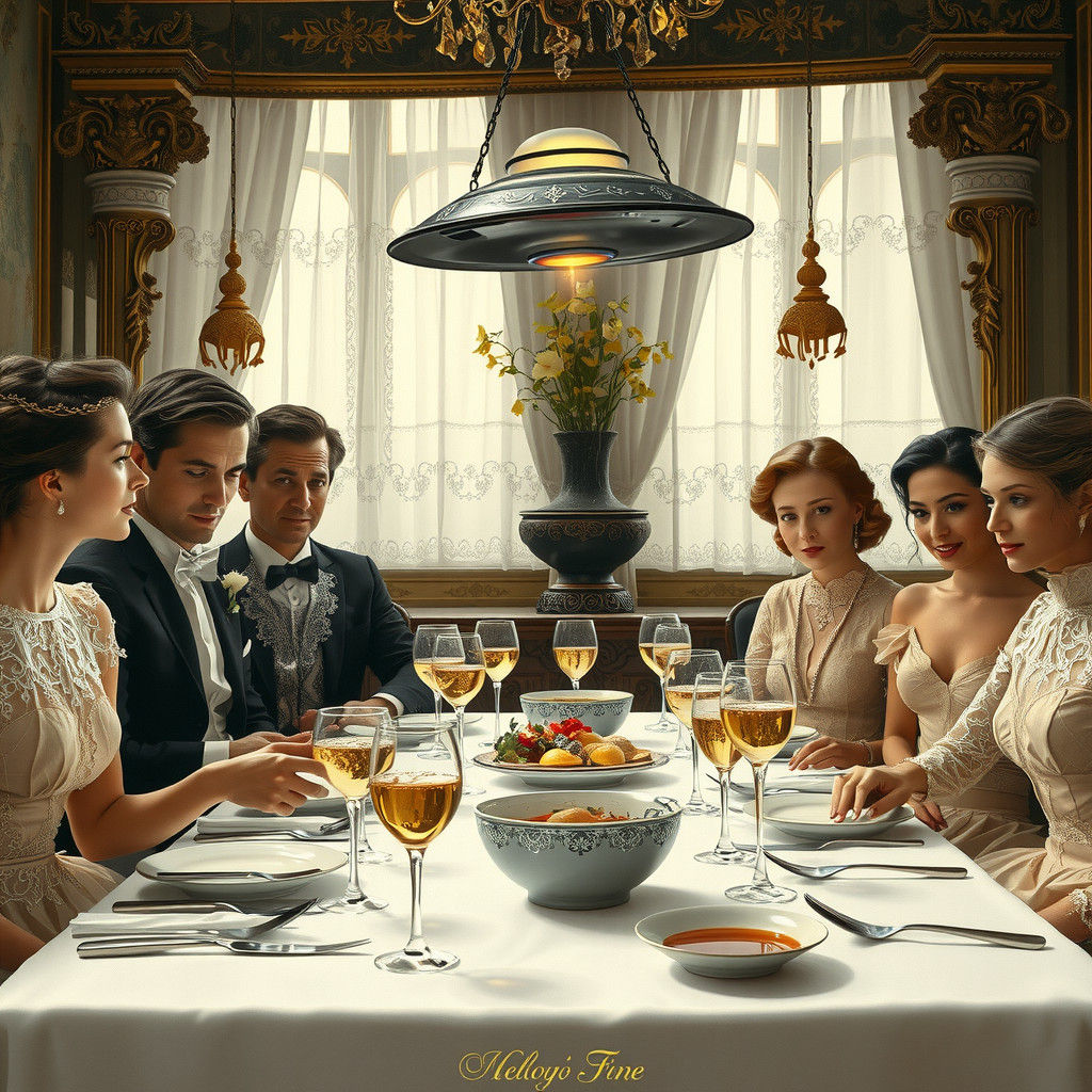 Art Nouveau Family Dinner Interrupted by UFO