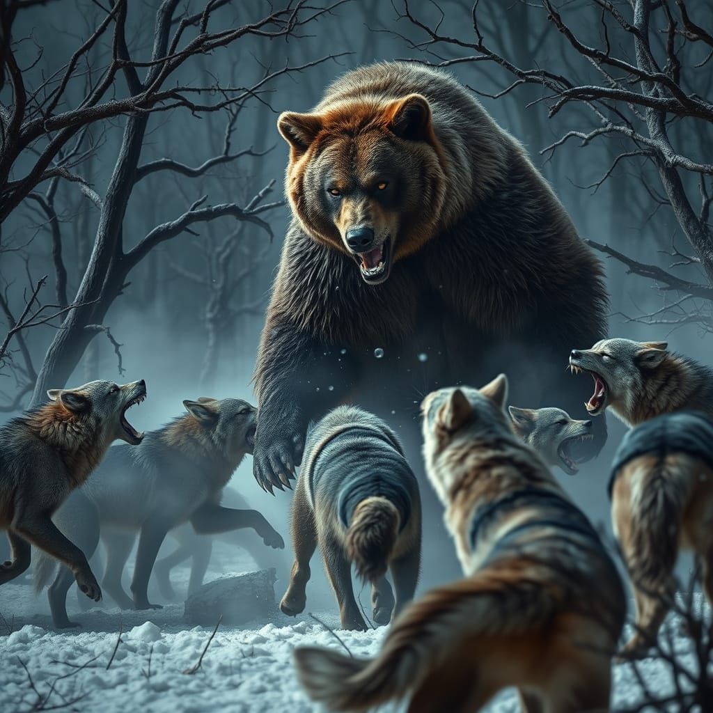 Wolves Clash with Grizzly Bear in a Winter Wonderland