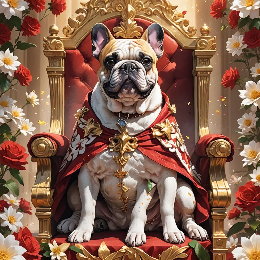 Regal French Bulldog on Throne in Anime Style