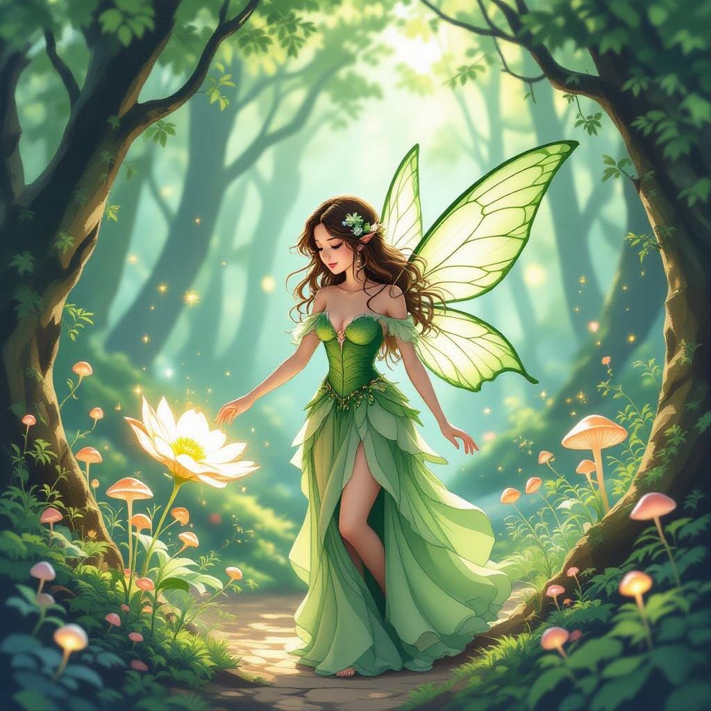 Fairy in Enchanted Forest with Glowing Flowers