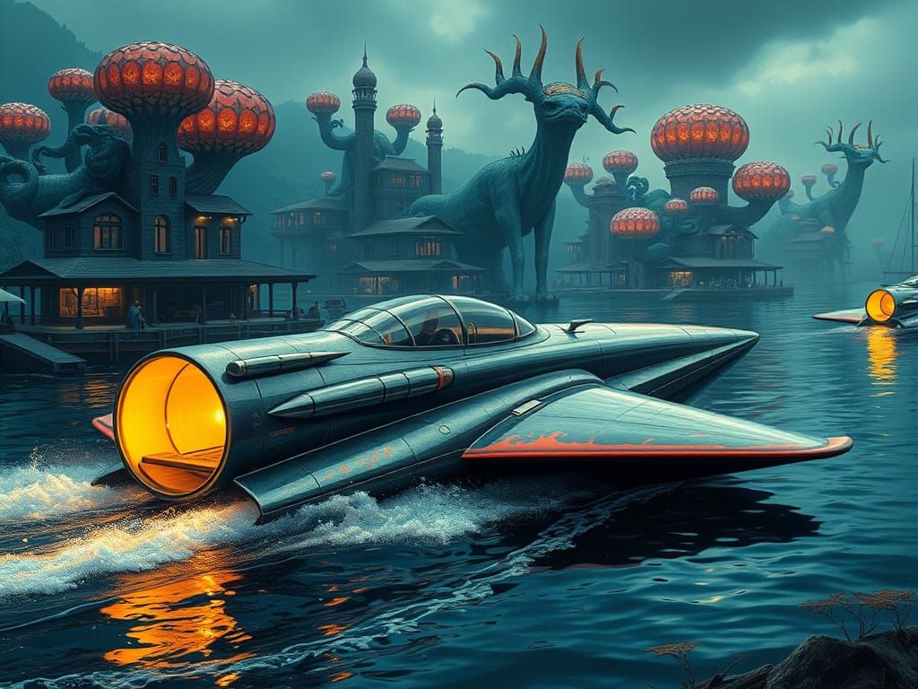 Streamlined Futuristic Hydroplane Racing through Hyperrealis...