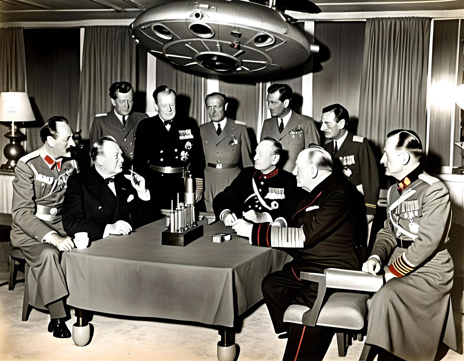 Yalta Conference Reimagined with Space Robot, 3D Digital Art