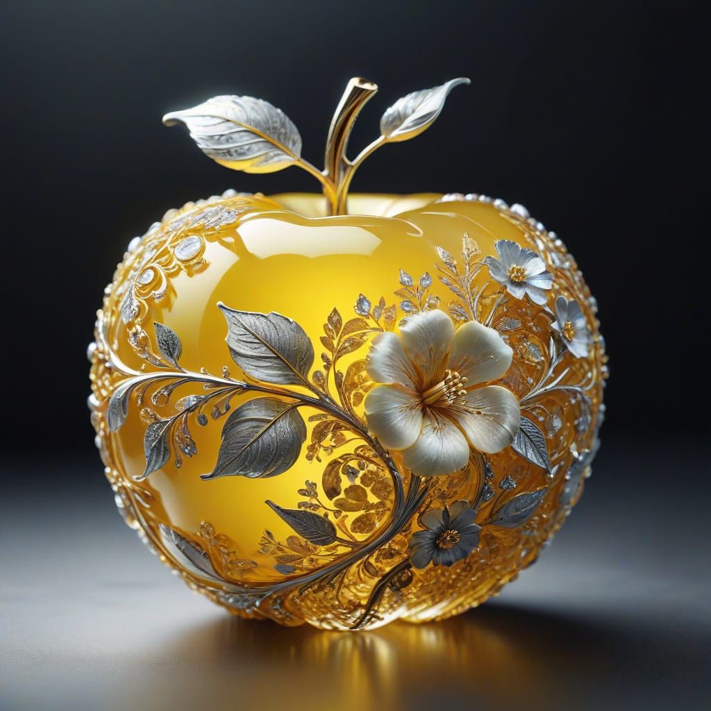 A majestic yellow translucent apple crafted from intricate s...