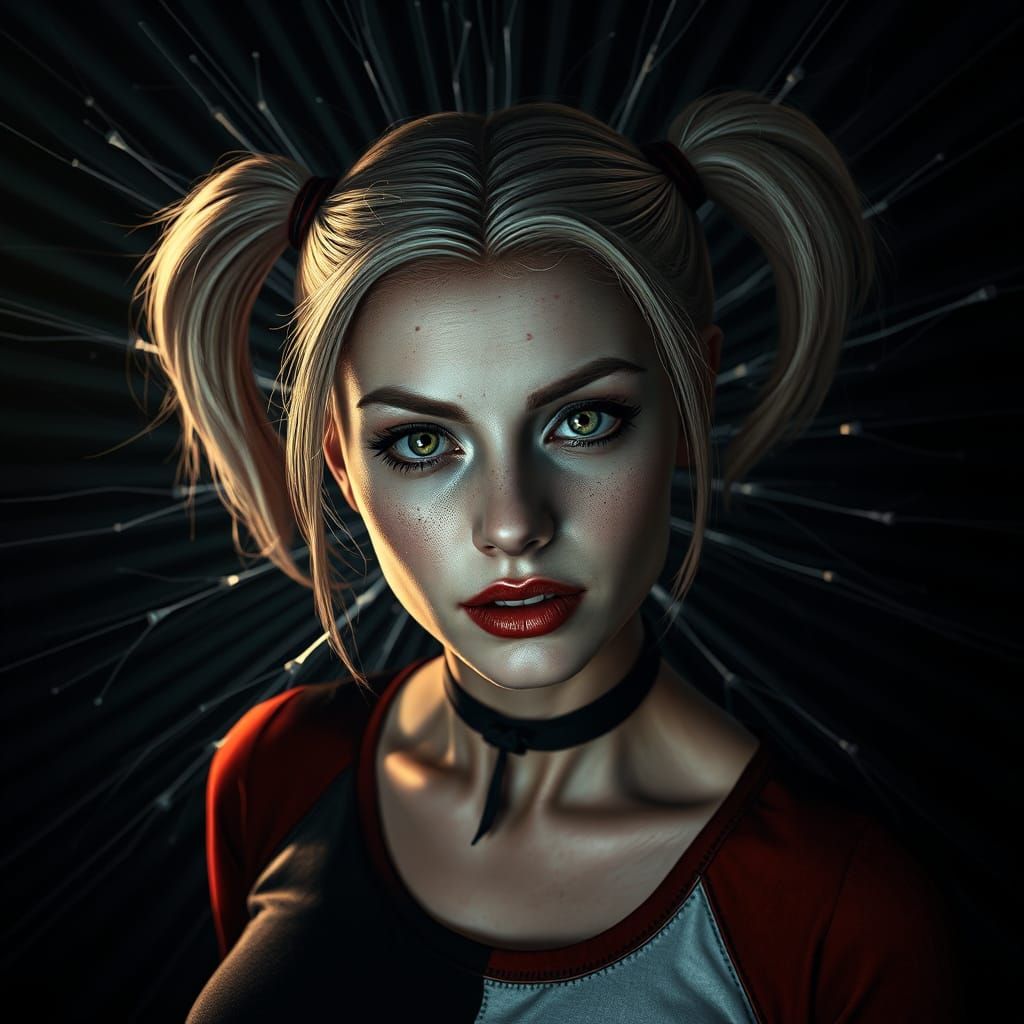 Hyperrealistic Harley Quinn Portrait in Dramatic Lighting