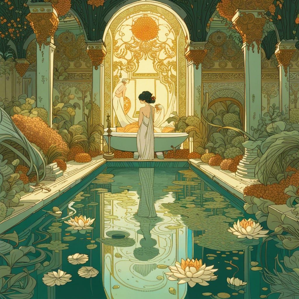 Dreamlike Floral Roman Bath Scene in Ornate Style