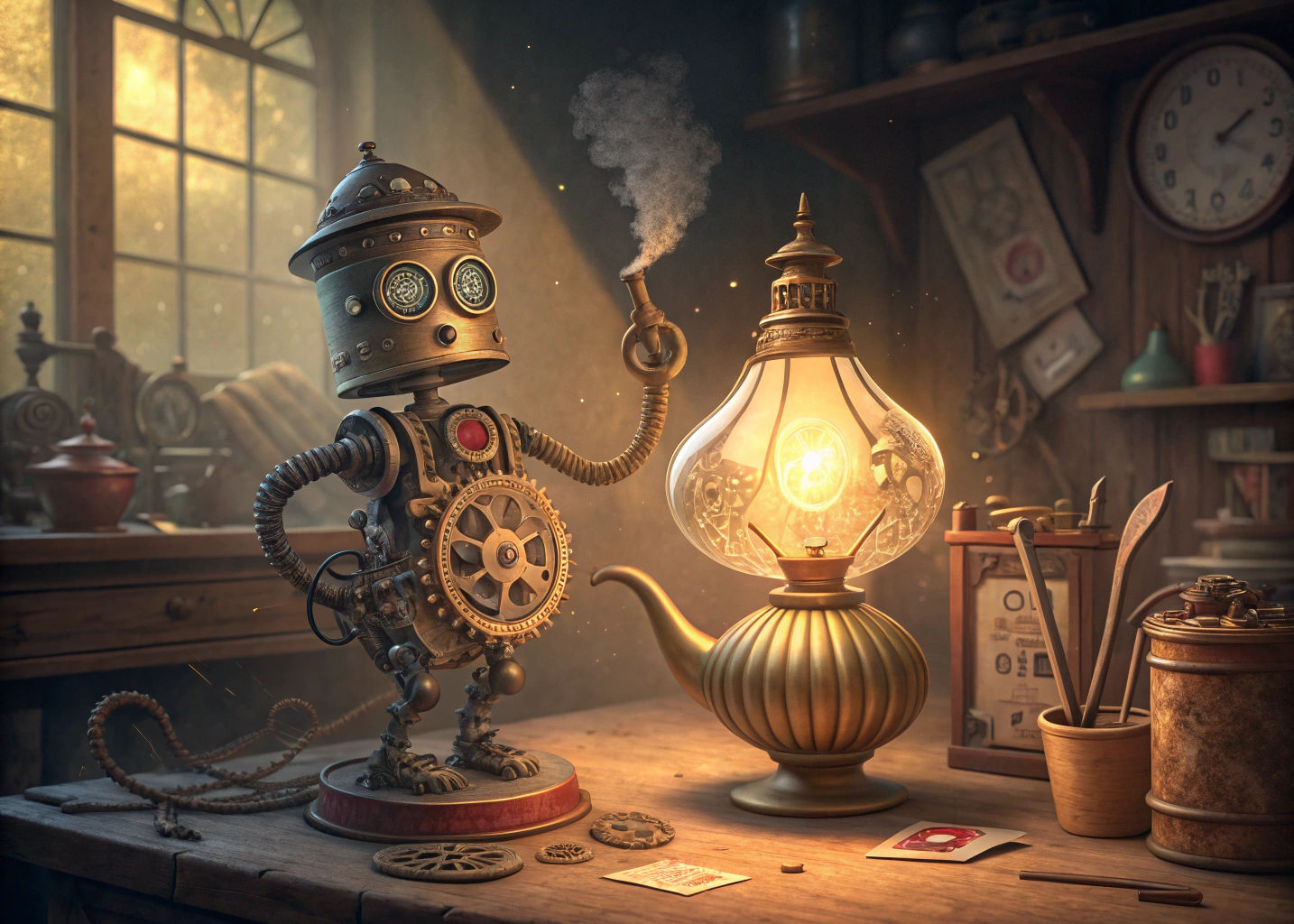 Steampunk Clockwork Genie Emerges From Lamp