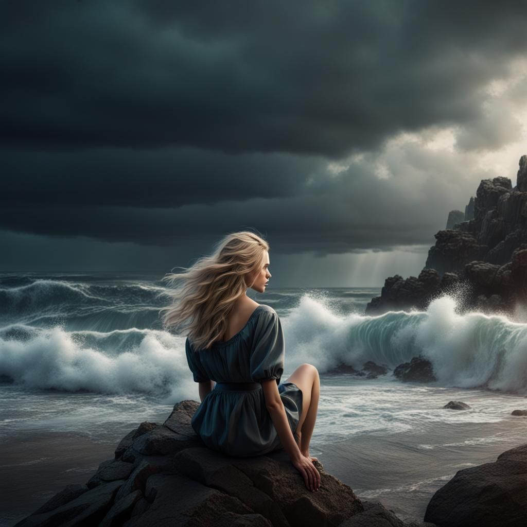 Girl on Stormy Seashore: Detailed Fantasy Art