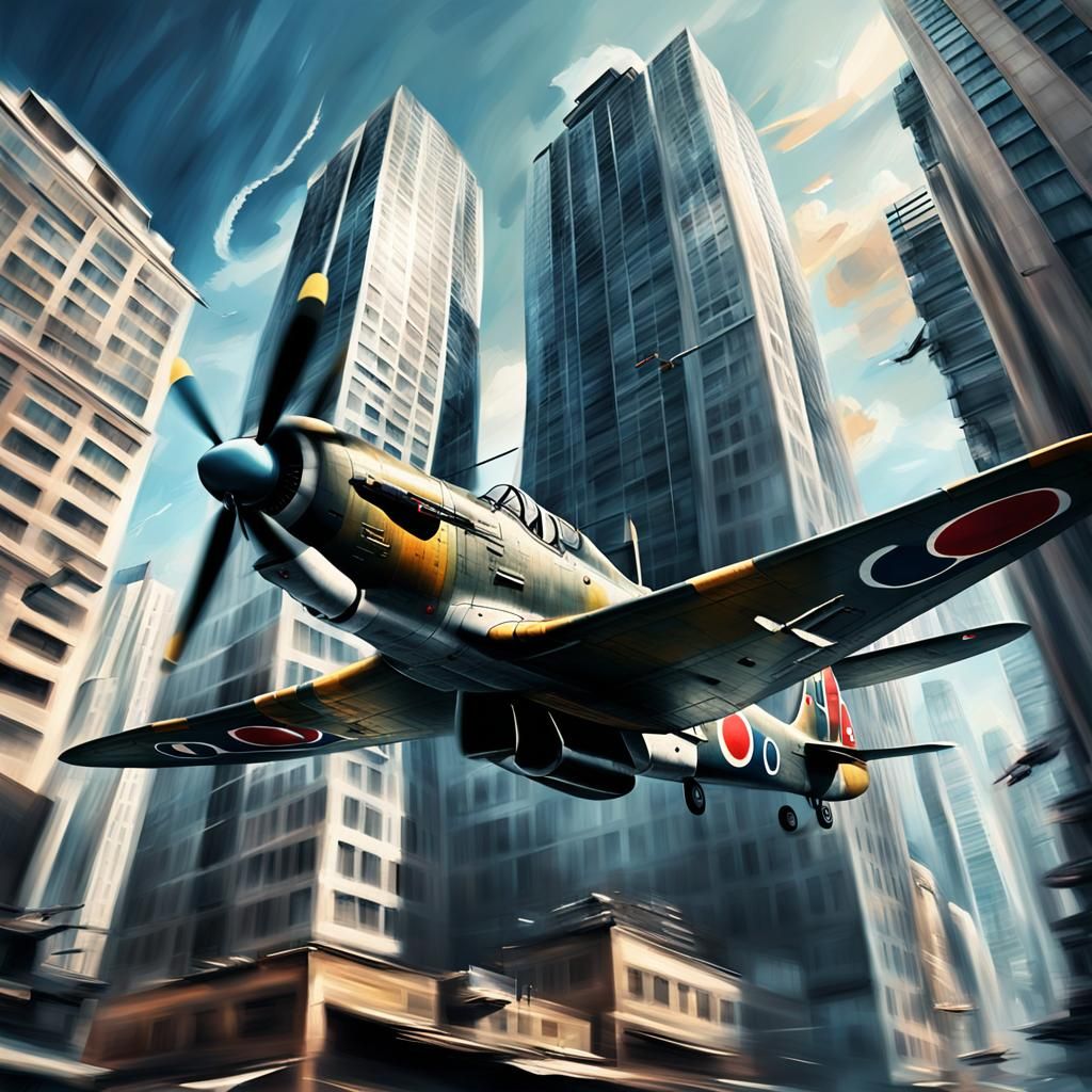 Japanese Zero Fighter in Surreal Skyscraper Flight