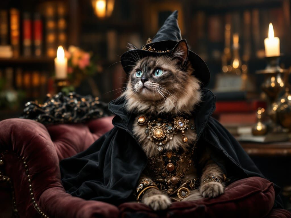 Regal Siamese Cat in Jeweled Witch Costume